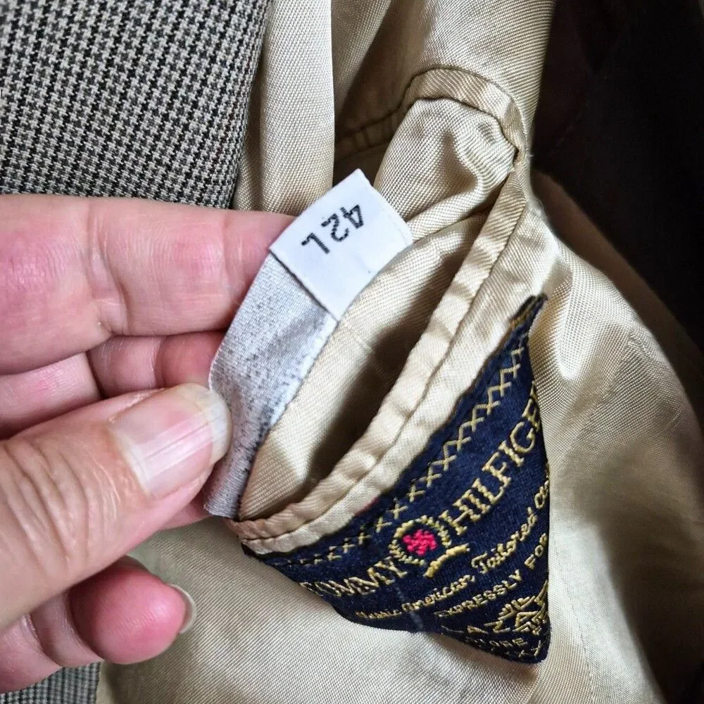Vtg Tommy Hilfiger 42L Brown Houndstooth 3Pc Suit Set Old Money Academia Wedding